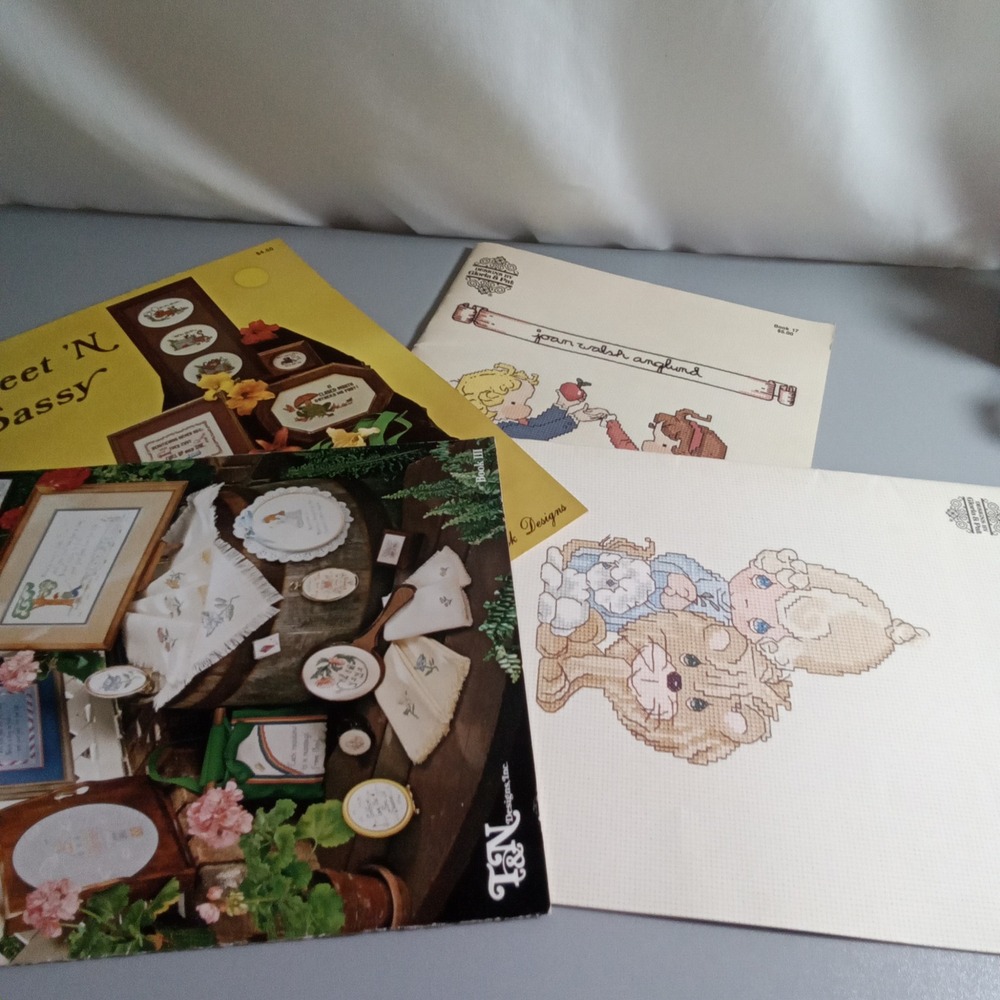 Vintage Cross Stitch Pattern Book Lot Precious Moments Joan Walsh Anglund 80s